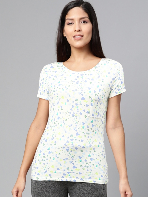 

Marks & Spencer Women Off-White & Blue Heart Printed Lounge T-shirt