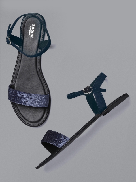 

Anouk Women Blue Textured Open Toe Flats with Velvet Finish