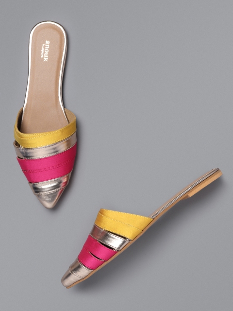 Women Gold-Toned & Pink Colourblocked Mules