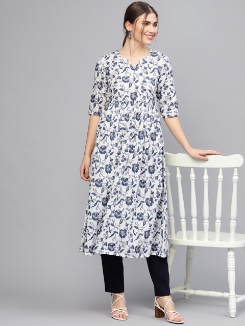 

Nayo Women White & Blue Floral Print A-Line Kurta