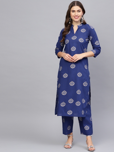 

Nayo Women Blue & Golden Printed Kurta with Palazzos, Navy blue