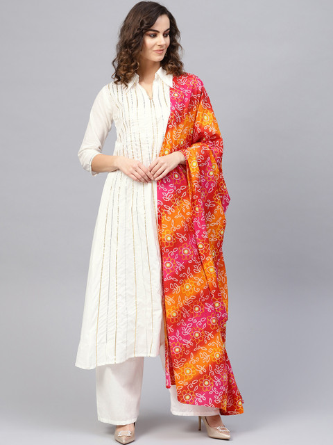 

Nayo Women Off-White & Pink Striped Kurta with Palazzos & Dupatta