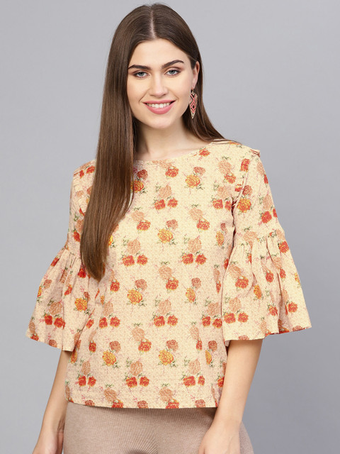 

Nayo Women Cream-Coloured & Orange Floral Print Top
