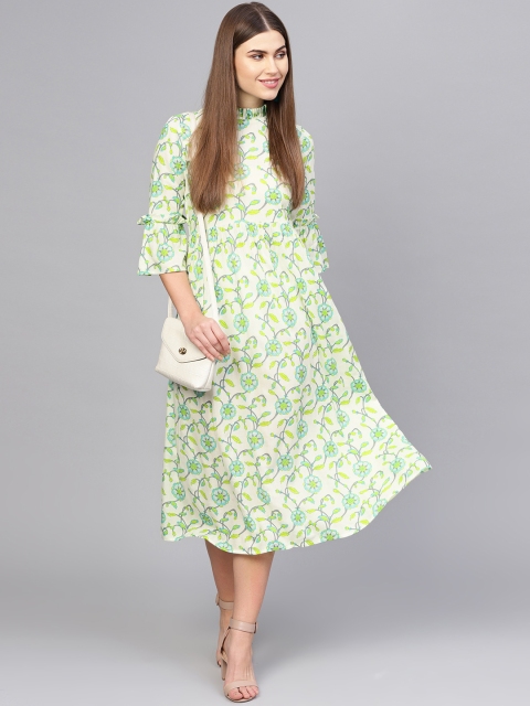 

Nayo Women Cream-Coloured & Green Floral Printed A-Line Dress