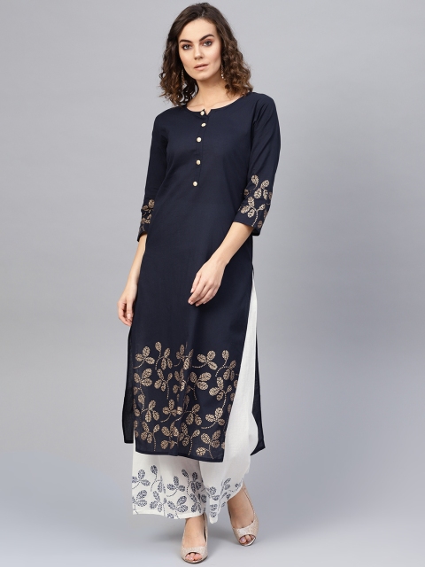 

Nayo Women Navy Blue & White Printed Kurta with Palazzos