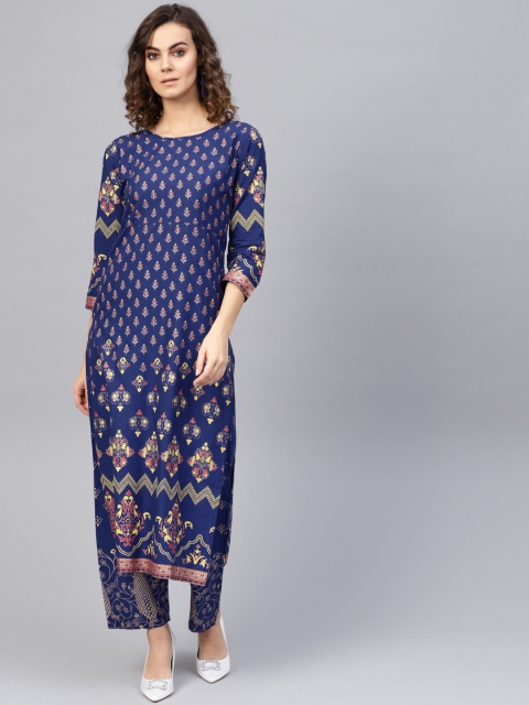 

Nayo Women Blue & Golden Printed Kurta with Trousers