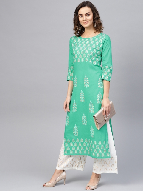 

Nayo Women Green & White Printed Kurta with Palazzos