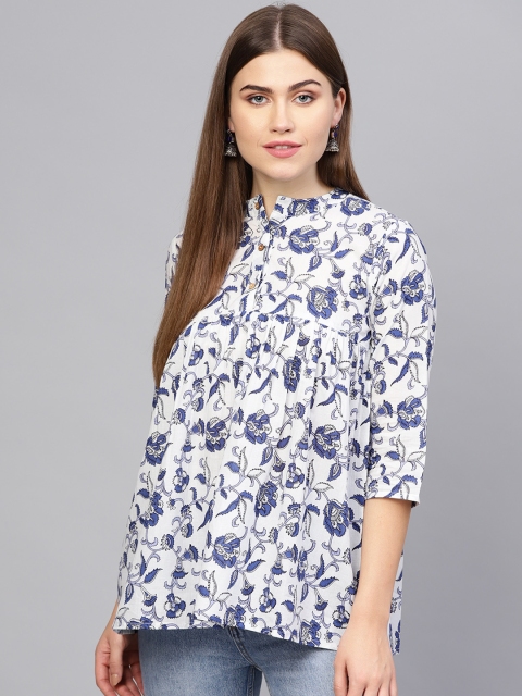 

Nayo Women Off-White & Blue Printed A-line tunic