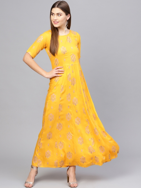 

Nayo Women Mustard Yellow & Pink Floral Printed Maxi Dress