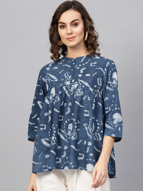 

Nayo Women Blue & Off-White Printed Tunic, Navy blue