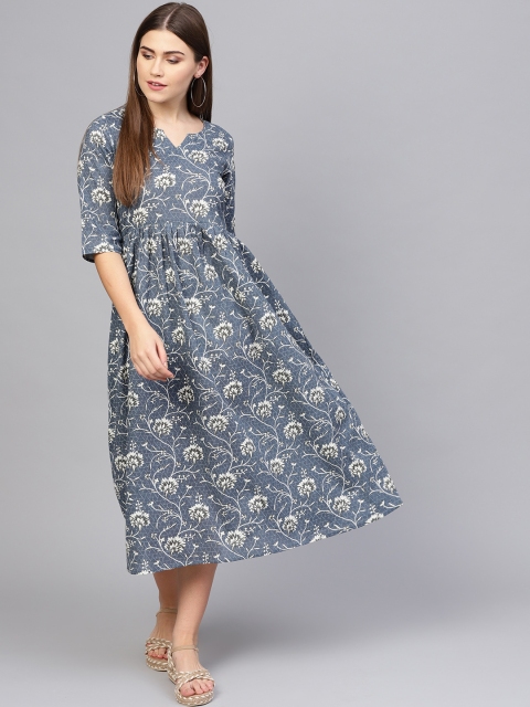 

Nayo Women Navy Blue & Off-White Floral Printed A-Line Dress