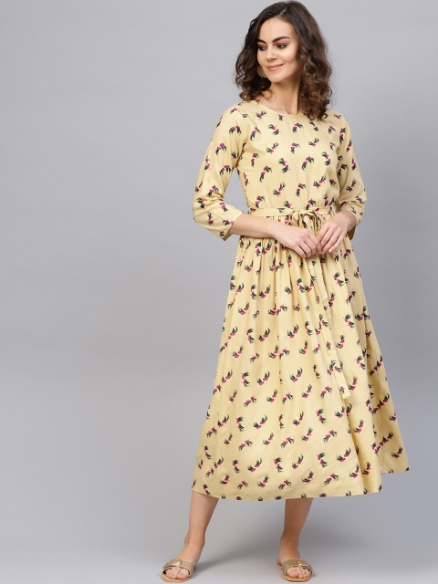 Women Beige & Magenta Bird Print A-Line Dress