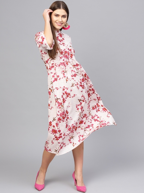 

Nayo Women Off-White & Pink Floral Printed Empire Dress
