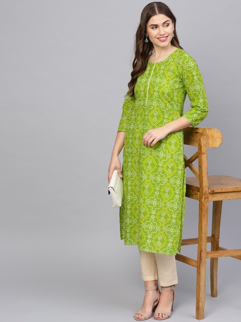 

Nayo Women Green & Cream-Coloured Printed Kurta with Trousers