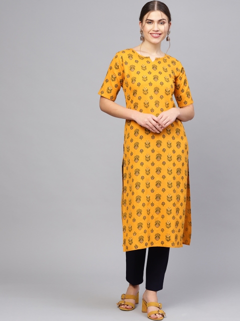 

Nayo Women Mustard Yellow & Green Floral Print Straight Kurta