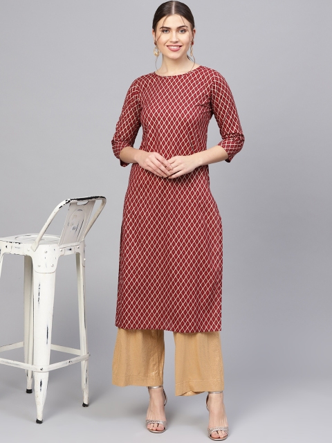 

Nayo Women Maroon & Golden Printed Straight Kurta