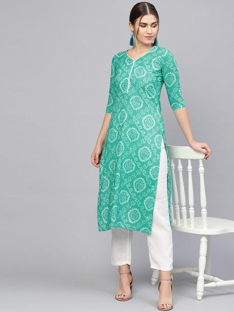 

Nayo Women Green & White Printed Straight Kurta
