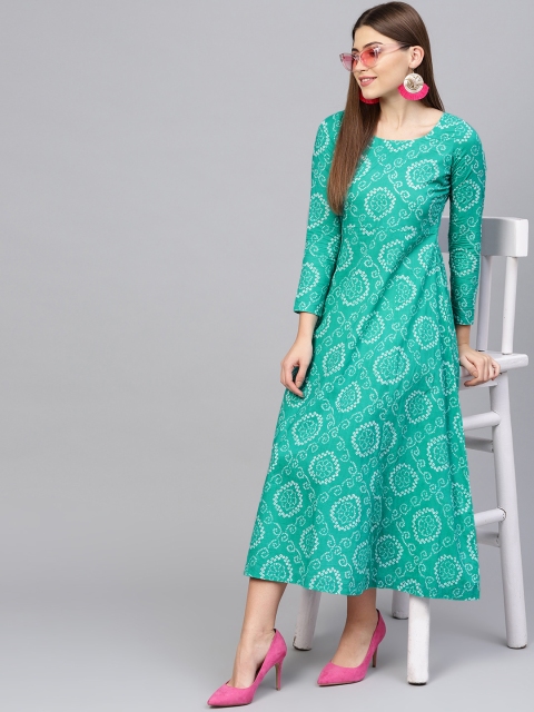 

Nayo Women Green & White Printed Maxi Dress