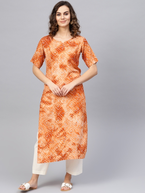 

Nayo Women Rust Orange & White Bandhani Printed Straight Kurta
