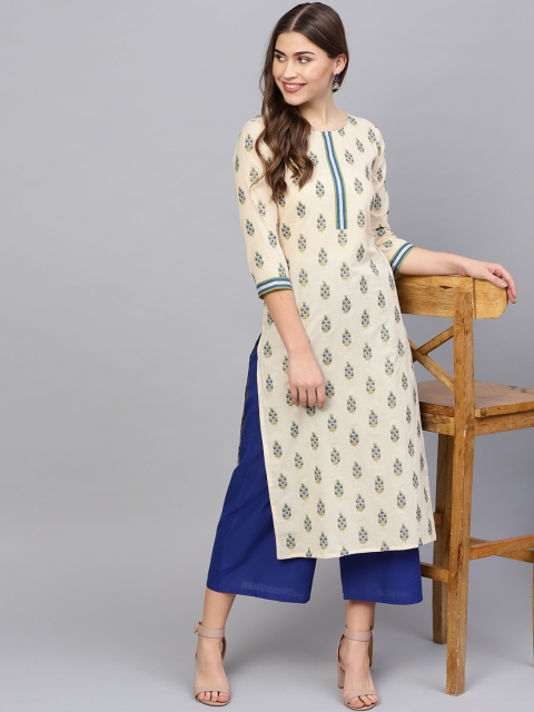 

Nayo Women Cream-Coloured & Blue Printed Kurta with Palazzos