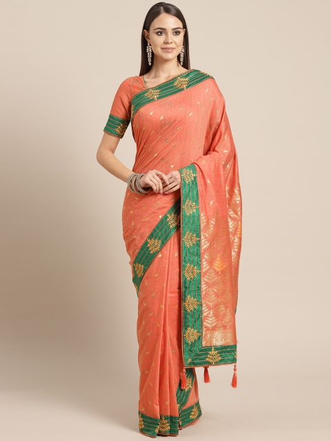

MANOHARI Peach-Coloured & Green Woven Design Saree