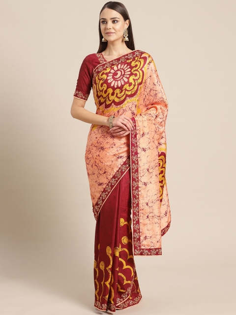 

SUTRAM Peach-Coloured & Maroon Half-&-Half Printed Saree