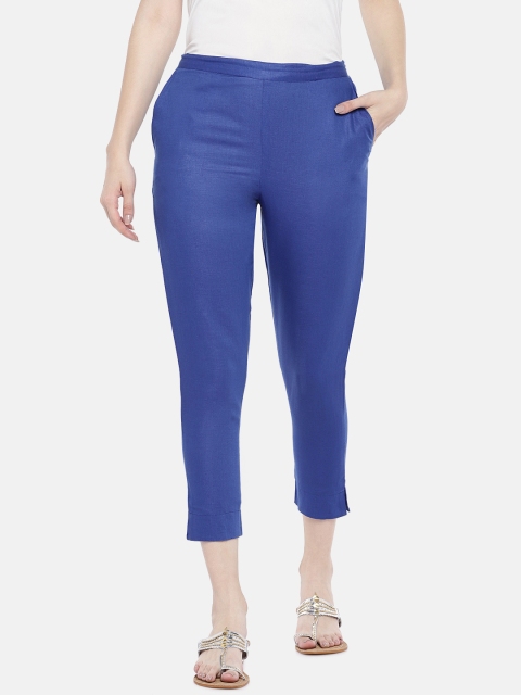 

Divina Women Blue Regular Fit Solid Linen Cigarette Trousers