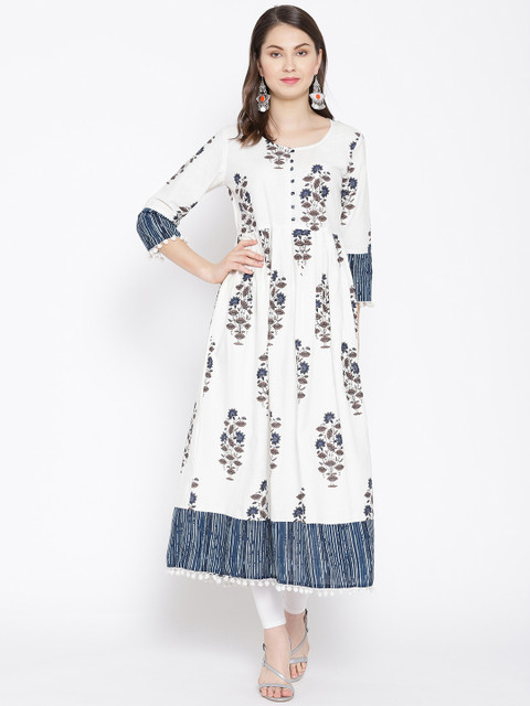 

Indi INSIDE Women White & Navy Blue Printed A-Line Kurta