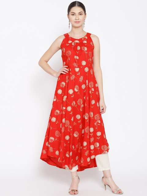 

Indi INSIDE Women Red & Golden Floral Foil Print Anarkali Asymmetric Kurta
