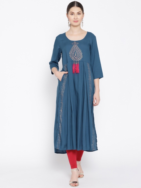 

Indi INSIDE Women Teal Blue Block Print A-Line Kurta