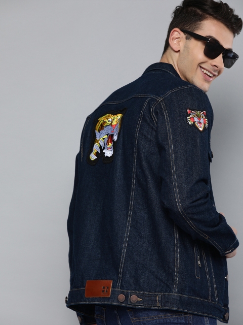 

HERE&NOW Men Blue Solid Denim Jacket with Applique Detail