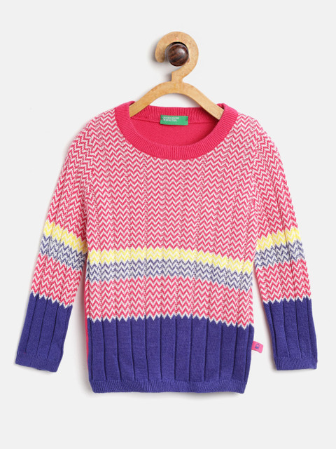 

United Colors of Benetton Girls Pink & White Chevron Patterned Pullover