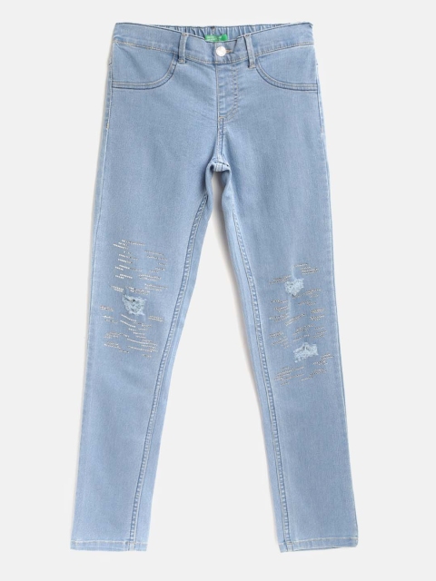 

United Colors of Benetton Girls Blue Skinny Fit Embellished & Ripped Jeggings