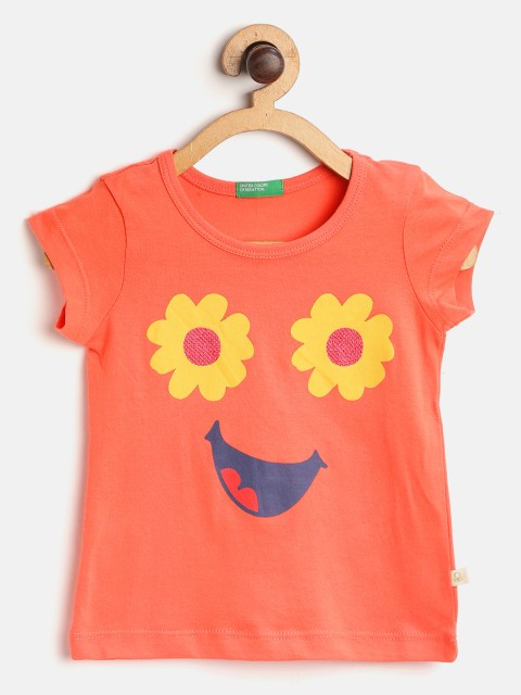 

United Colors of Benetton Girls Coral Orange & Yellow Printed Pure Cotton T-shirt