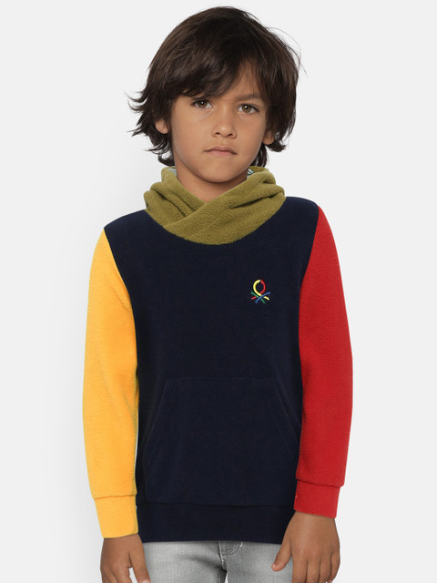 

United Colors of Benetton Boys Navy Blue & Red Colourblocked Hooded Fleece Sweatshirt