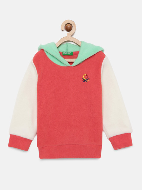 

United Colors of Benetton Girls Coral Pink & Green Color-blocked Hooded Sweatshirt