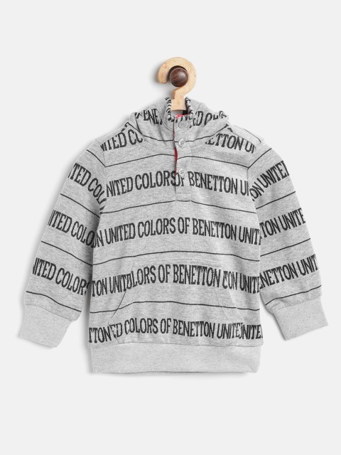 

United Colors of Benetton Boys Grey Melange & Black Woven Design Hooded Sweatshirt