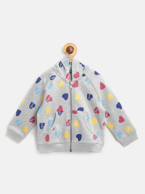 

United Colors of Benetton Girls Grey Melange & Blue Printed Hooded Front-Open Sweatshirt