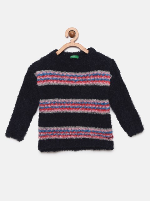 

United Colors of Benetton Girls Navy Blue & Pink Striped Sweater