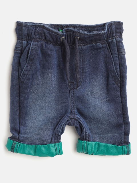 

United Colors of Benetton Boys Navy Blue & Green Washed Regular Fit Denim Shorts