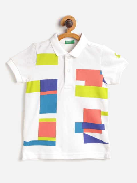 

United Colors of Benetton Boys White & Green Geometric Printed Polo Collar T-shirt