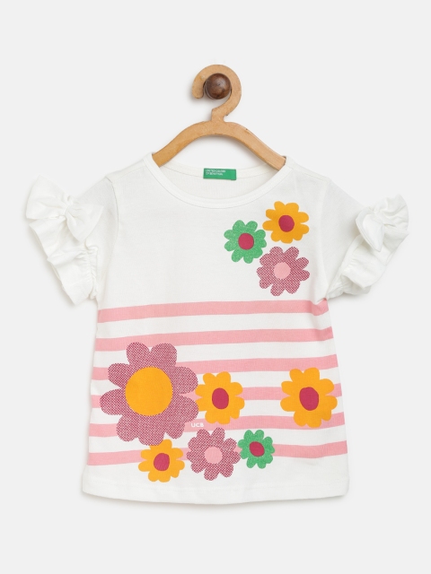 

United Colors of Benetton Girls Off-White & Pink Floral Print Pure Cotton Top
