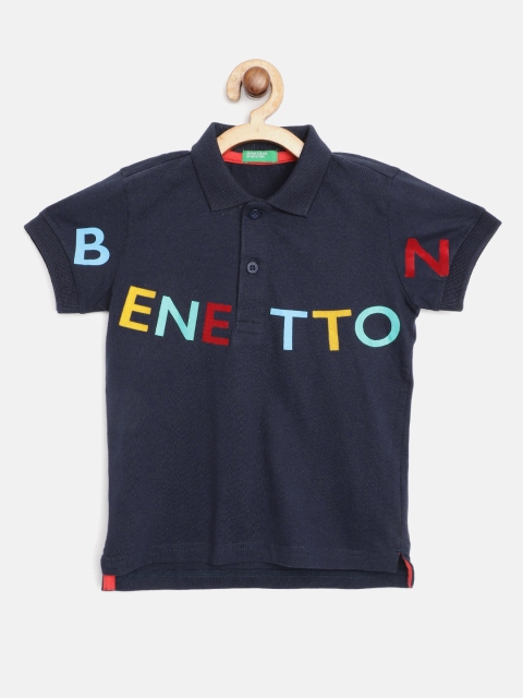 

United Colors of Benetton Boys Navy Blue Brand Logo Print Cotton Polo Collar T-shirt