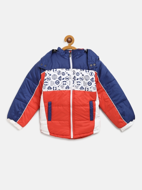 

GAME BEGINS Boys Coral Red & White Printed Hooded Padded Jacket