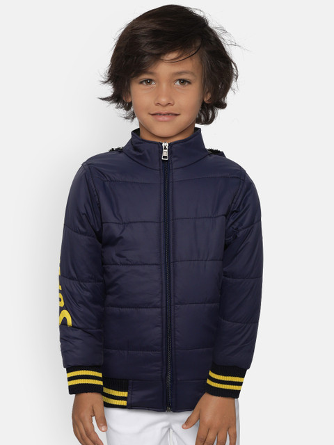 

GAME BEGINS Boys Navy Blue Solid Bomber Jacket with Detachable Hood