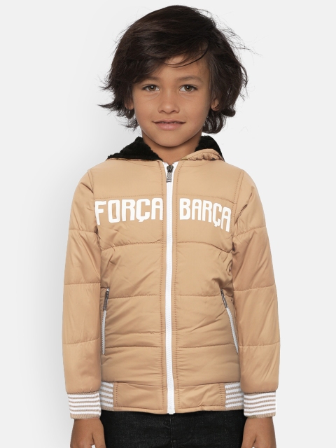 

GAME BEGINS Boys Khaki Solid Hooded Bomber Jacket with Printed Detail