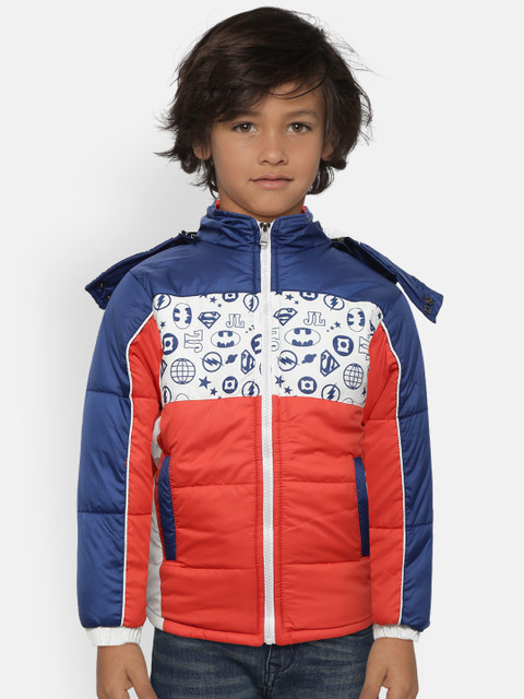 

GAME BEGINS Boys Coral Red & White Printed Hooded Padded Jacket