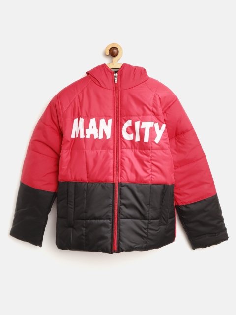 

GAME BEGINS Boys Red & Black Colourblocked Hooded Padded Jacket with Printed Detail