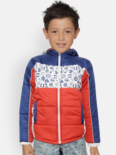

GAME BEGINS Boys Coral Red & White Printed Hooded Padded Jacket