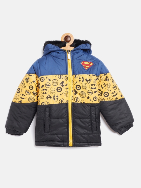 

GAME BEGINS Boys Black & Yellow Printed Hooded Padded Jacket with Colourblocked Detail
